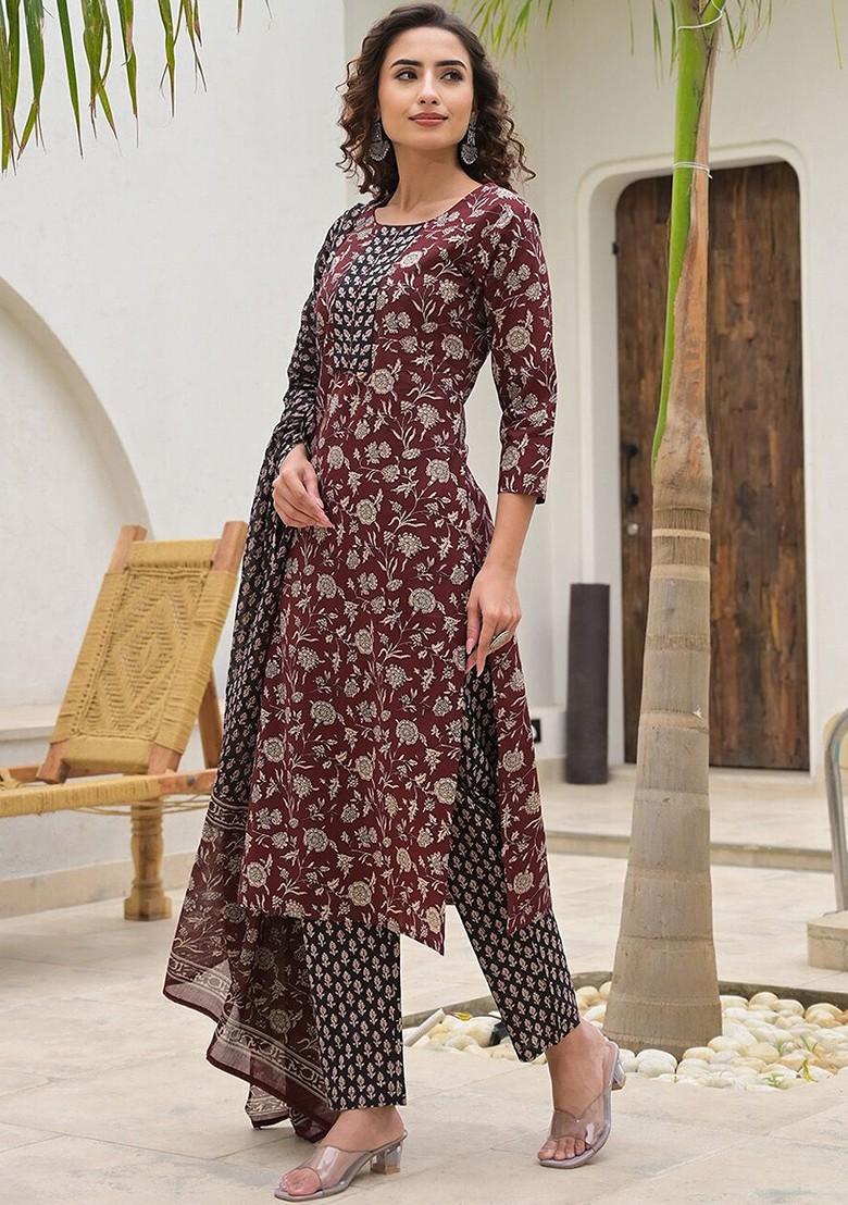 Maroon Printed Cotton Kurta Set