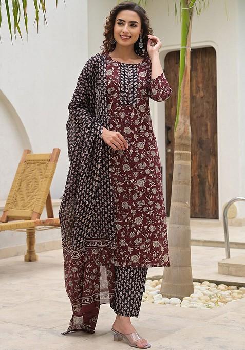 Maroon Printed Cotton Kurta Set