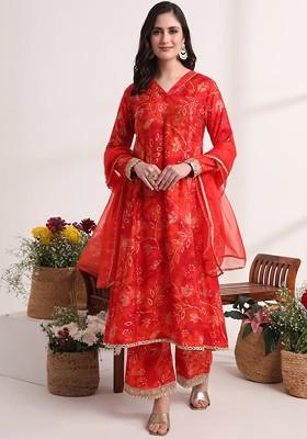 Red Printed Poly Blend Kurta Set