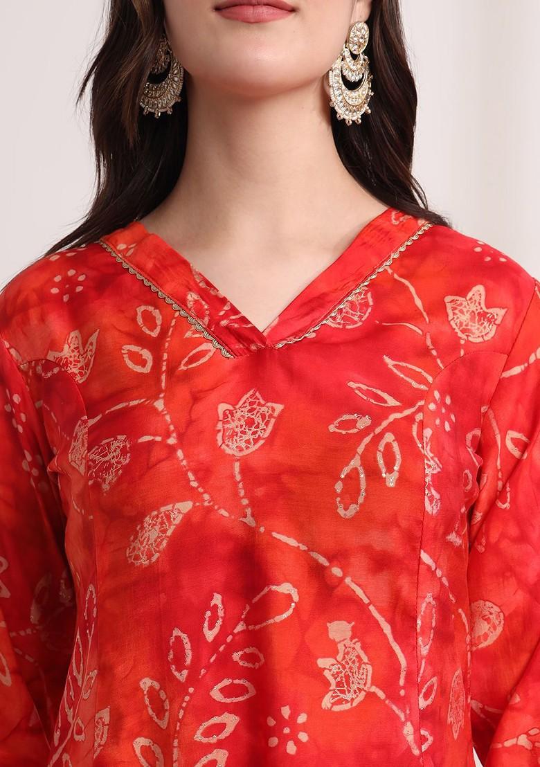 Red Printed Poly Blend Kurta Set