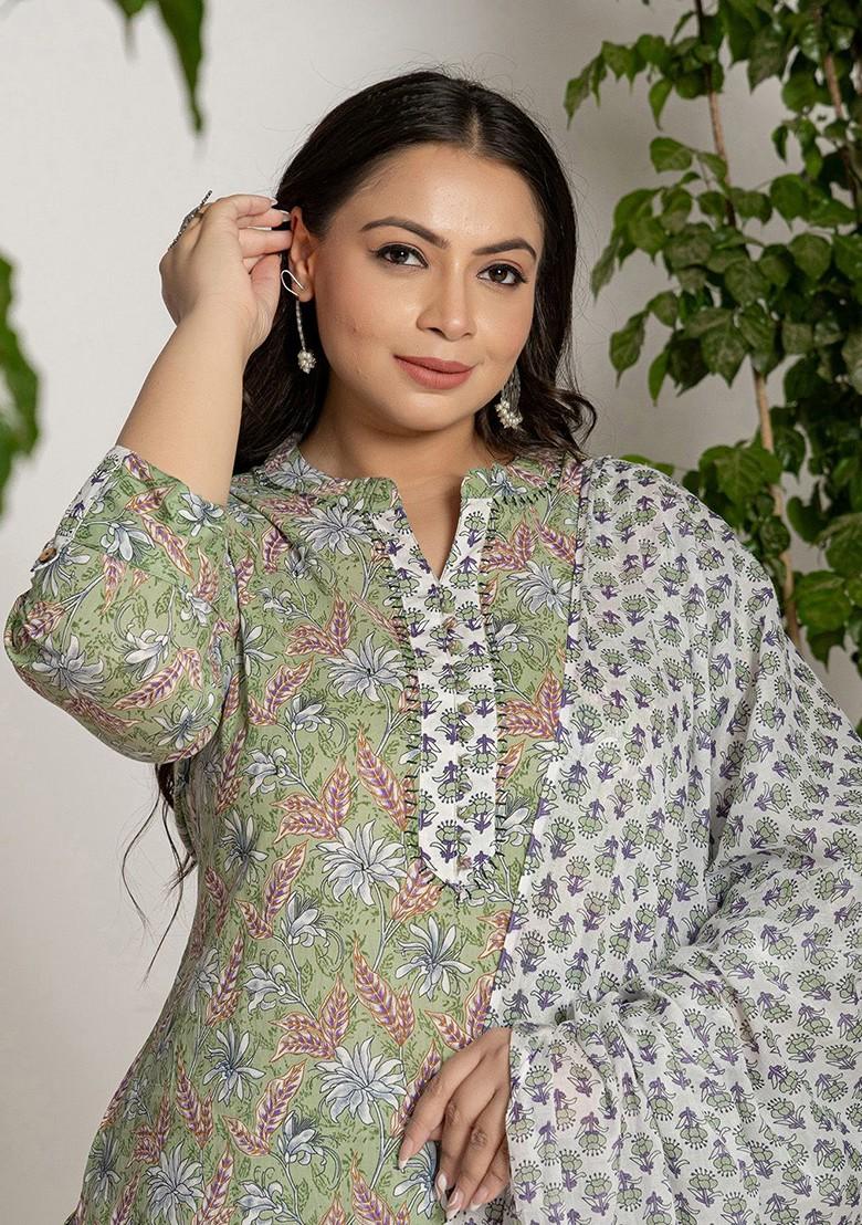 Green Embroidered Cotton Kurta Set