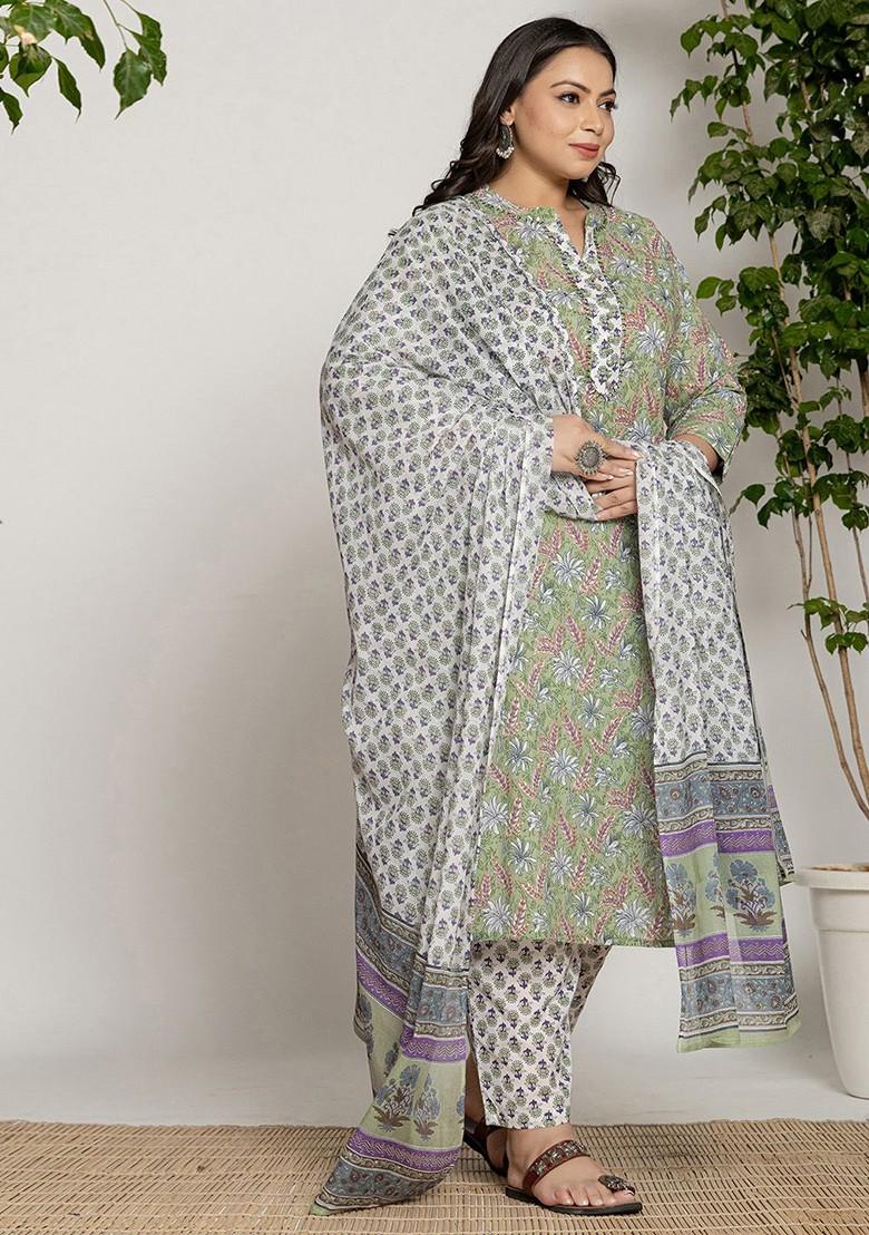 Green Embroidered Cotton Kurta Set