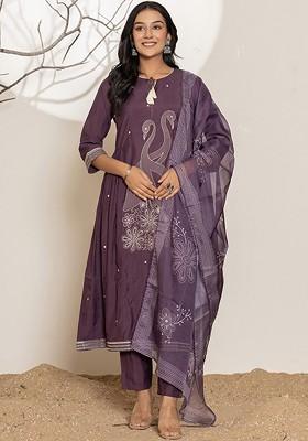 Purple Embroidered Cotton Kurta Set