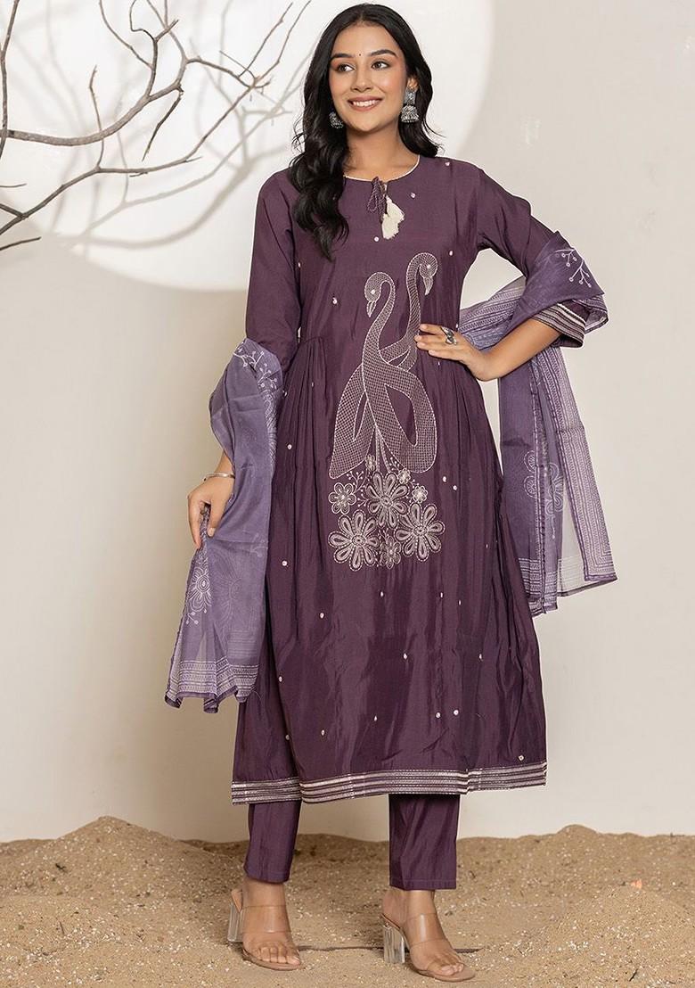 Purple Embroidered Cotton Kurta Set