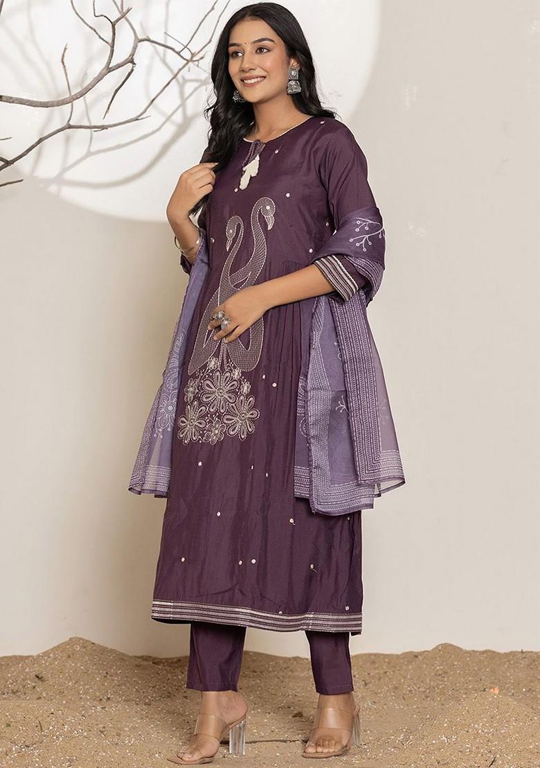 Purple Embroidered Cotton Kurta Set
