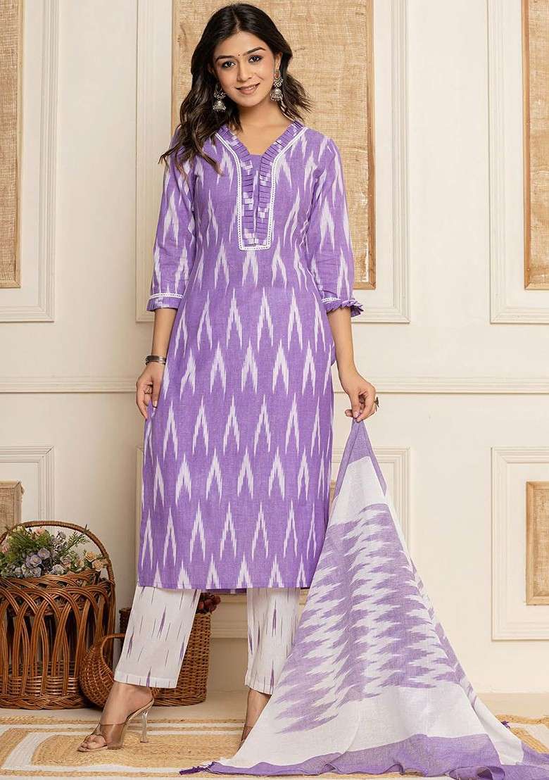 Purple Printed Cotton Straight Kurta Set - Indya