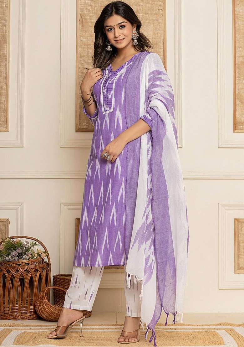 Purple Printed Cotton Straight Kurta Set - Indya