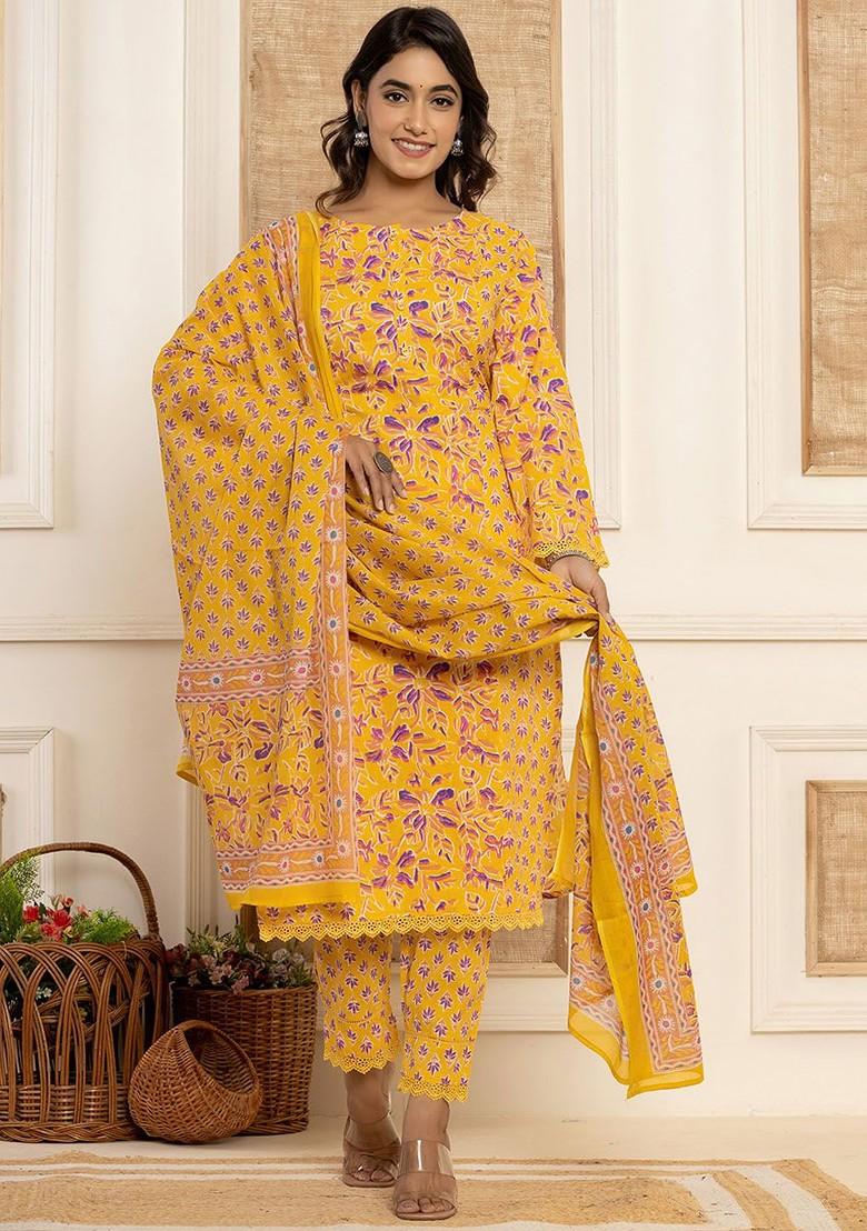 Yellow Printed Cotton Kurta Set