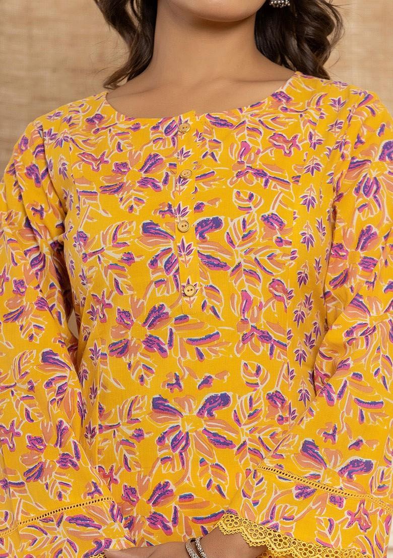 Yellow Printed Cotton Kurta Set