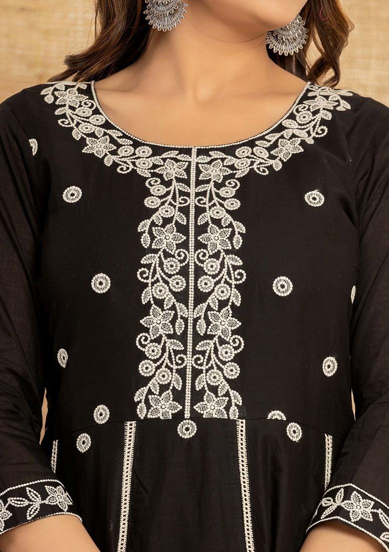 Black Embroidered Cotton Kurta Set