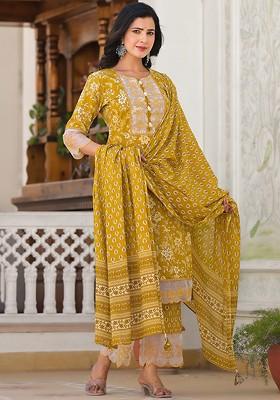 Yellow Printed Cotton Kurta Set