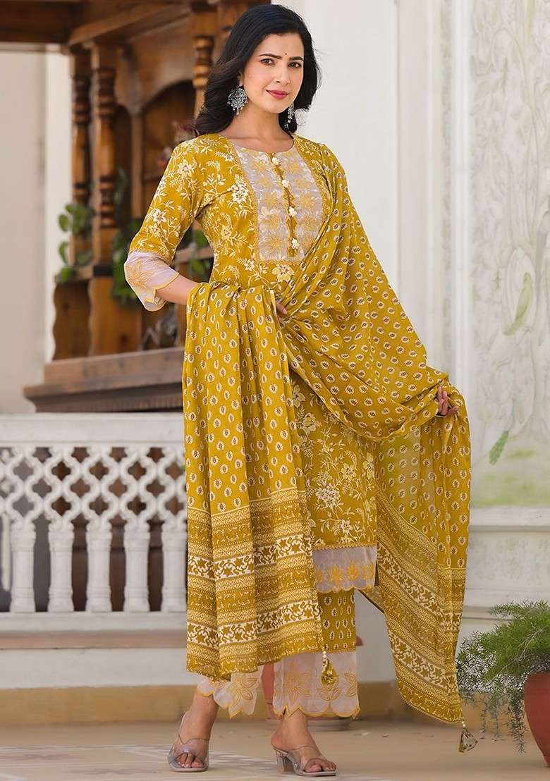 Yellow Printed Cotton A Line Kurta Set - Indya