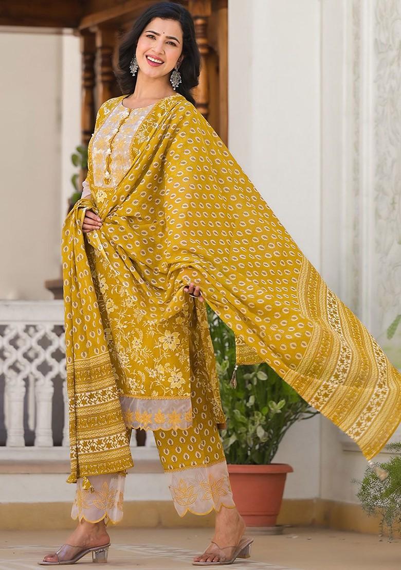 Yellow Printed Cotton Kurta Set