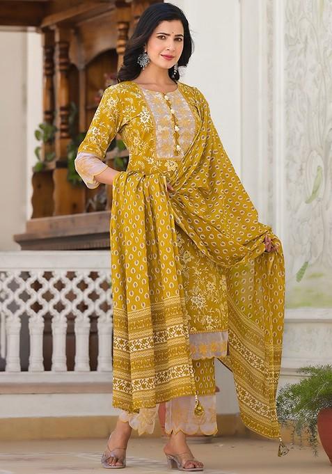 Yellow Printed Cotton Kurta Set