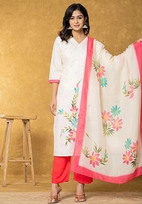 Cream Printed Linen Kurta Set