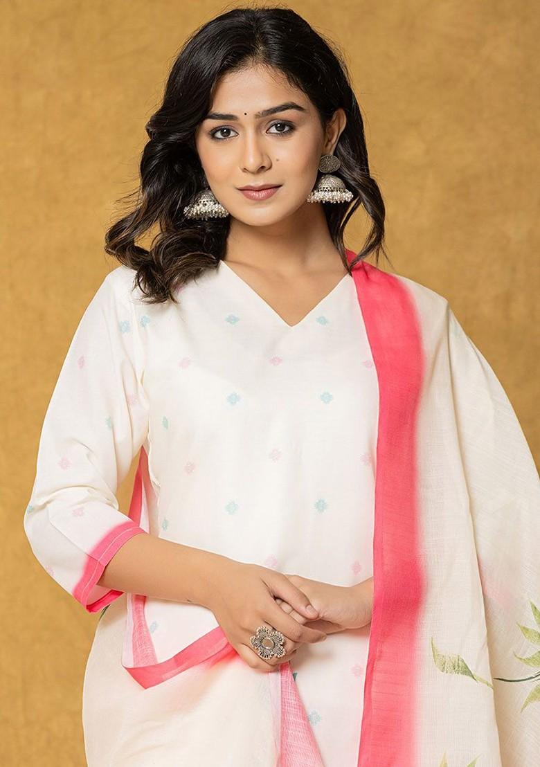 Cream Printed Linen Kurta Set