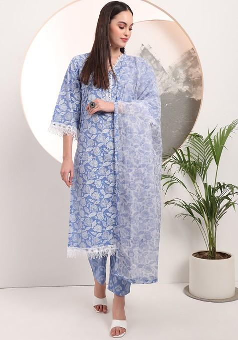 Blue Printed Cotton Kurta Set