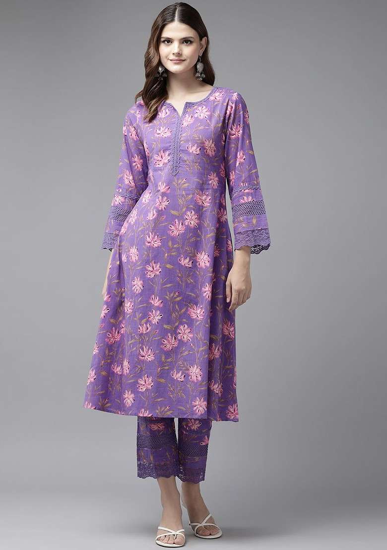 Purple Floral Print Cotton Straight Kurta Set - Indya
