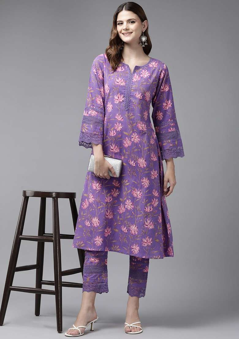 Purple Floral Print Cotton Straight Kurta Set - Indya