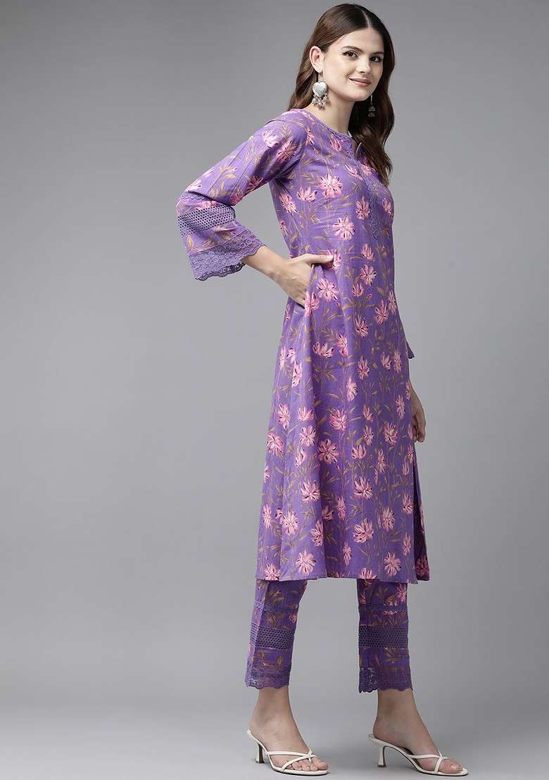 Purple Floral Print Cotton Straight Kurta Set - Indya