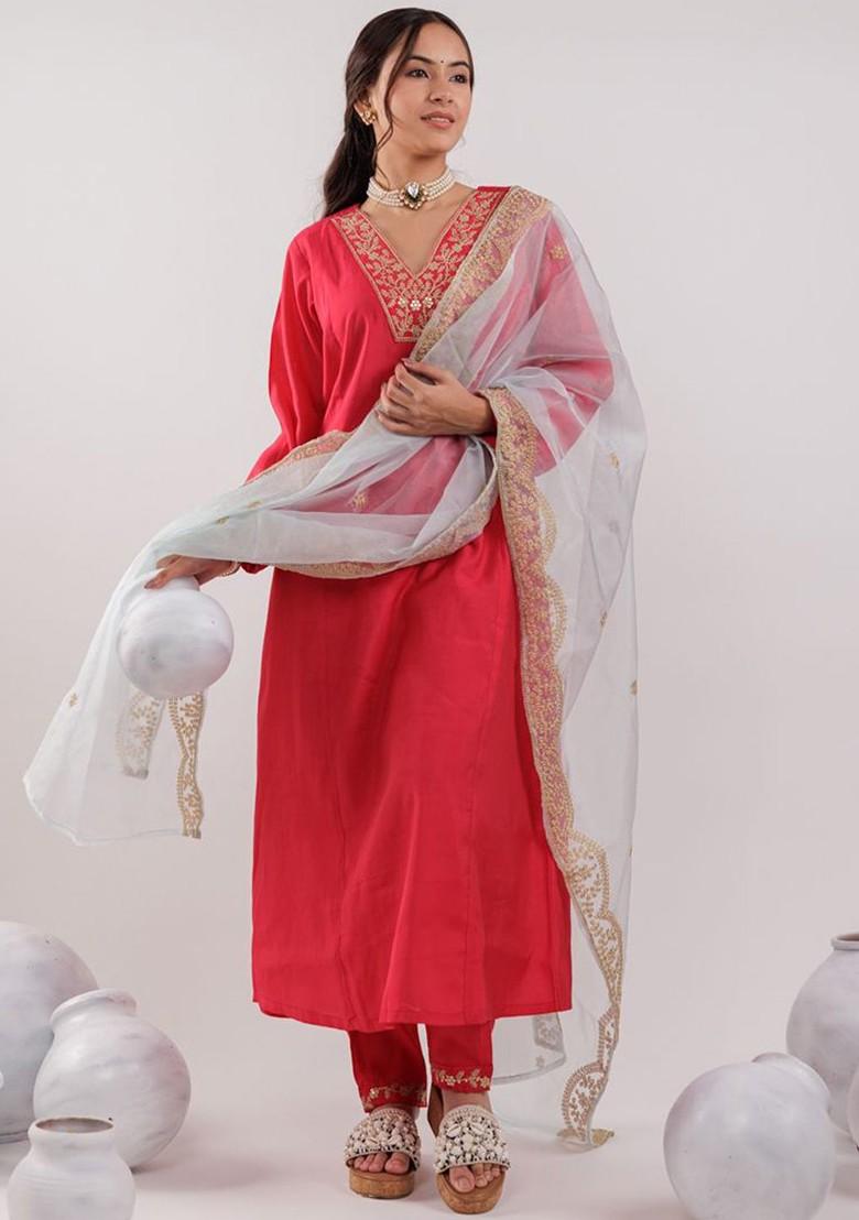 Pink Poly Blend Kurta Set