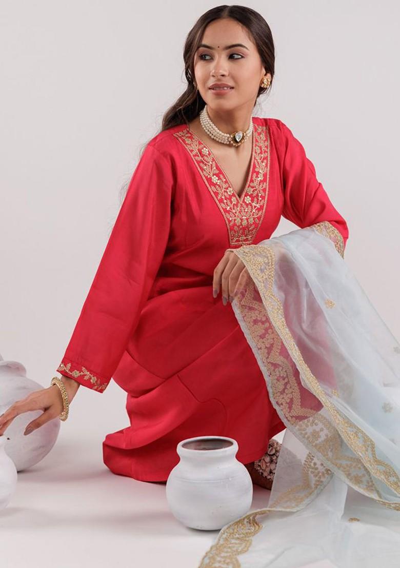 Pink Poly Blend Kurta Set