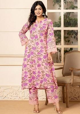 Pink Printed Cotton Kurta Set