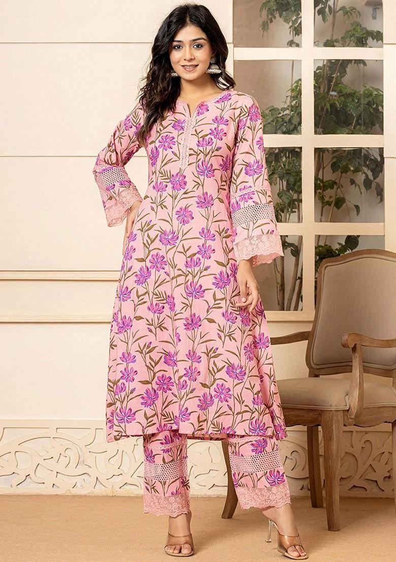 Pink Printed Cotton Kurta Set