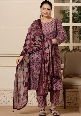 Purple Printed Cotton Kurta Set