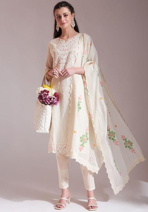 White Embroidered Cotton Kurta Set