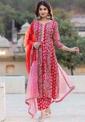 Red Printed Cotton Kurta Set