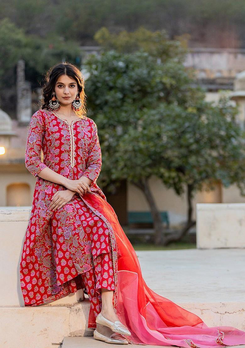 Red Printed Cotton Kurta Set