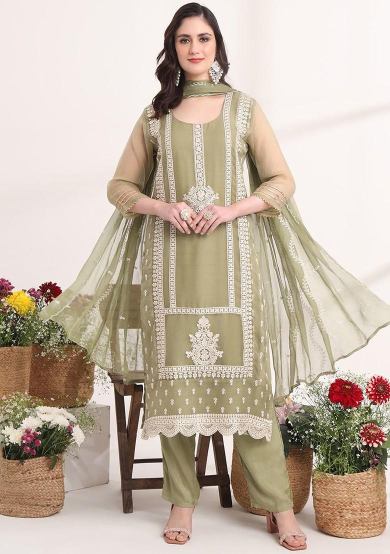 Green Embroidered Poly Blend Kurta Set