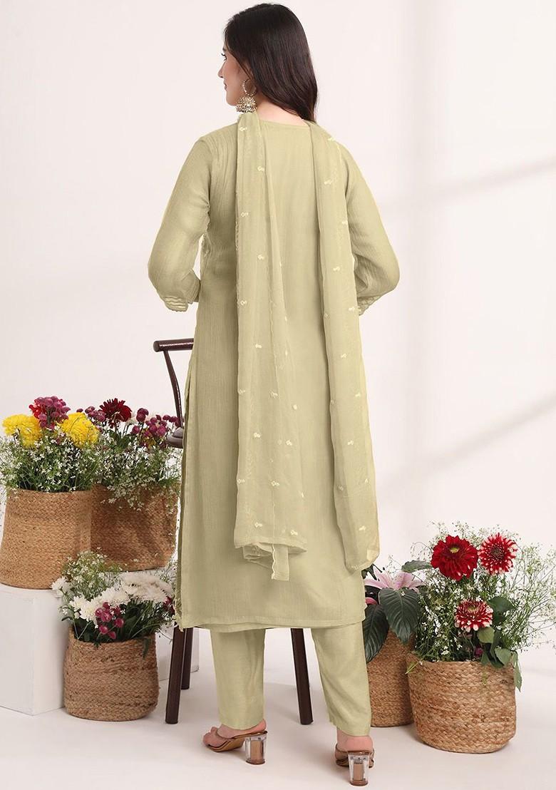 Green Embroidered Poly Blend Kurta Set