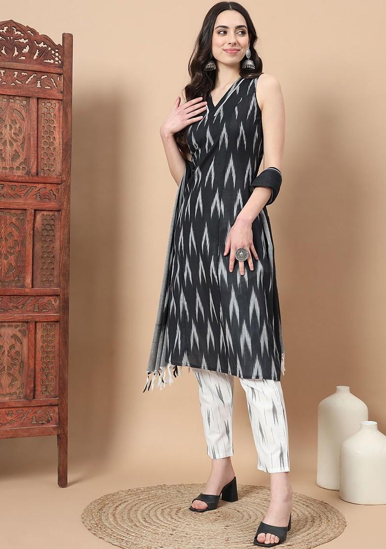 Black Printed Cotton Kurta Set