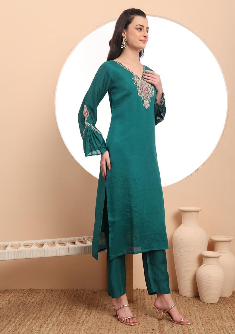 Green Embroidered Poly Blend Kurta Set