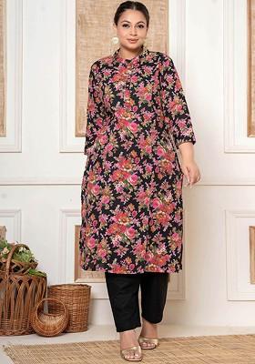 Black Printed Cotton Kurta Set