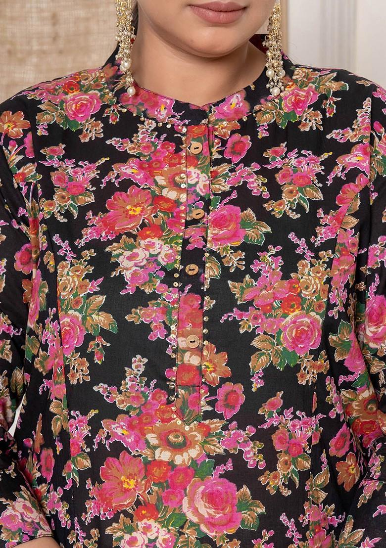 Black Printed Cotton Kurta Set