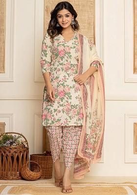 Cream Printed Cotton Kurta Set