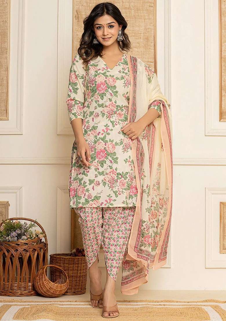 Cream Floral Print Cotton Straight Kurta Set - Indya