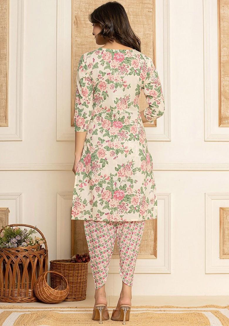 Cream Printed Cotton Kurta Set