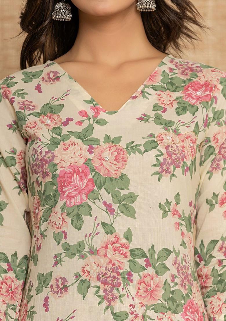 Cream Printed Cotton Kurta Set