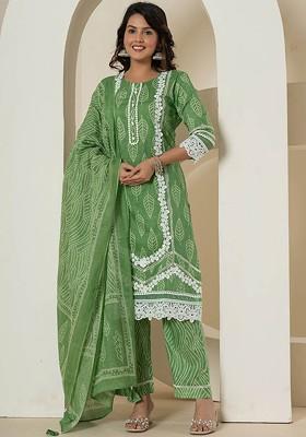 Green Printed Cotton Kurta Set