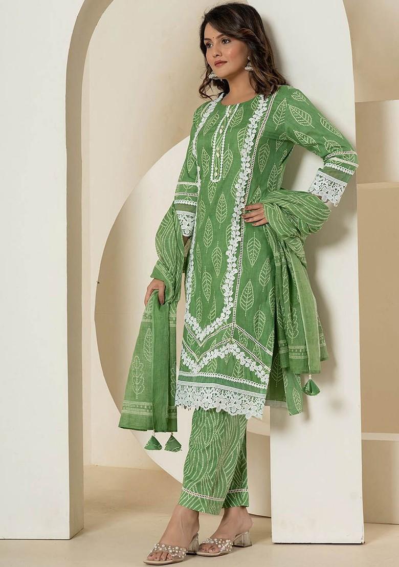 Green Printed Cotton Kurta Set