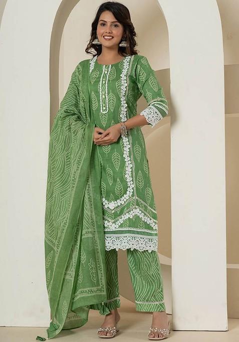 Green Printed Cotton Kurta Set