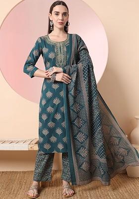 Green Printed Cotton Kurta Set