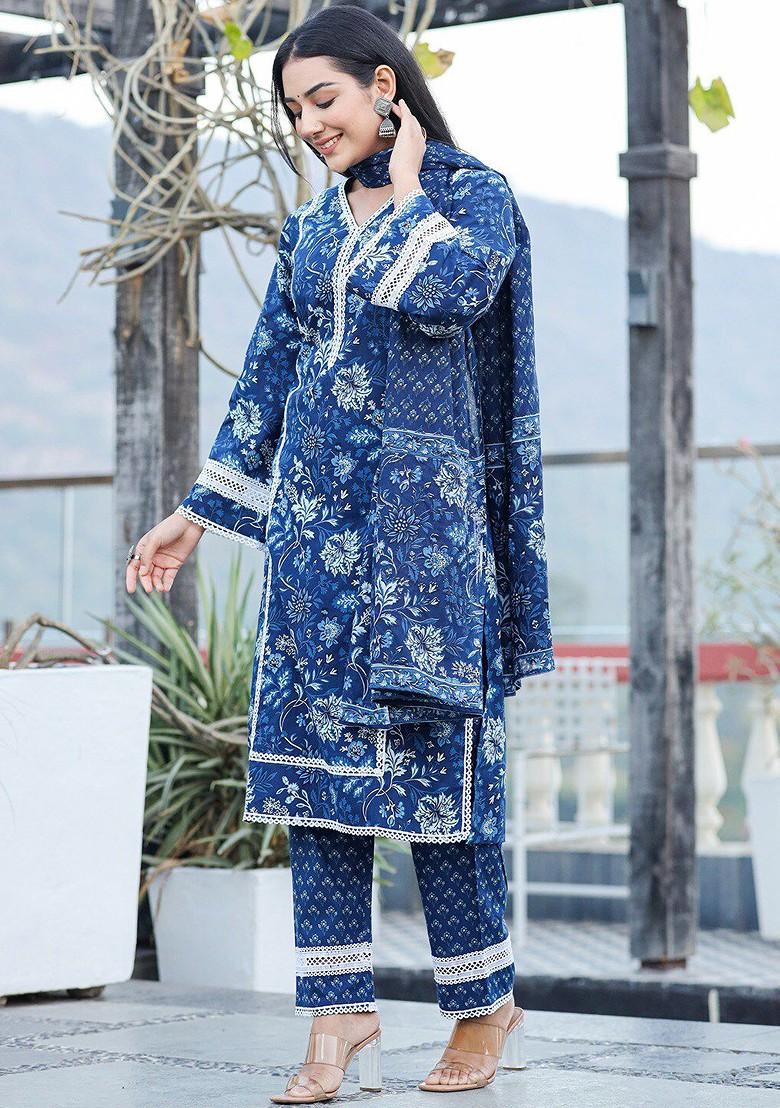 Blue Embroidered Cotton Kurta Set