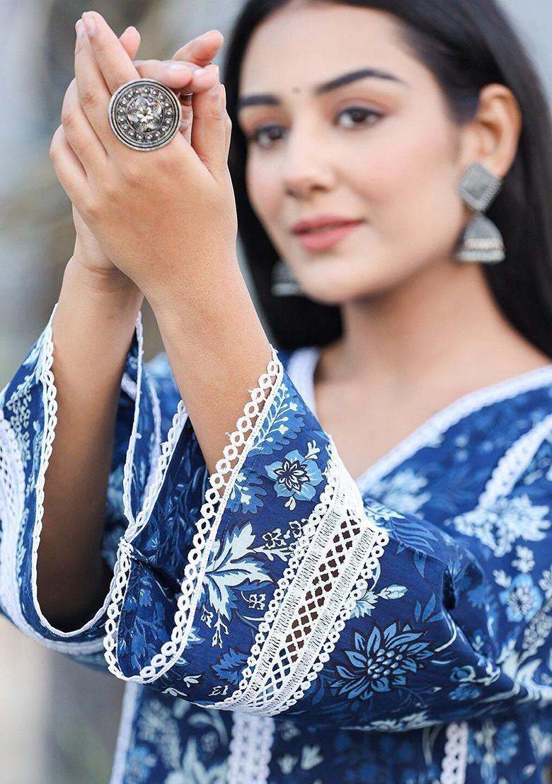 Blue Embroidered Cotton Kurta Set