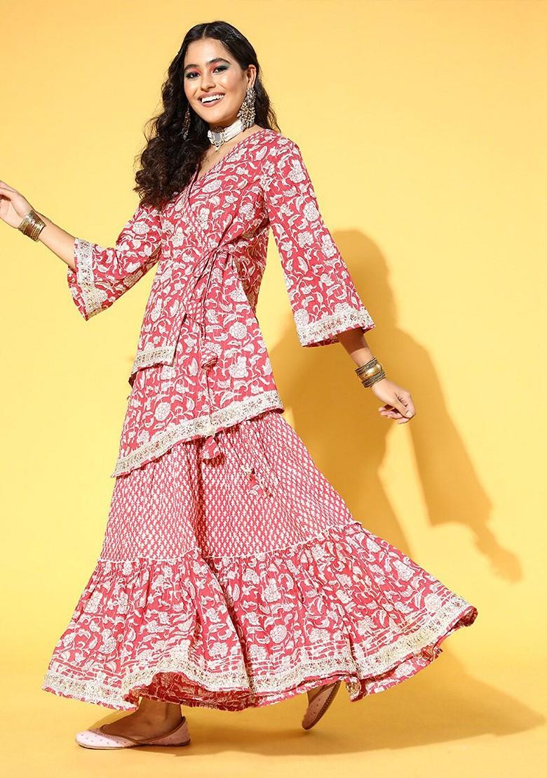 Peach Printed Cotton Kurta Set