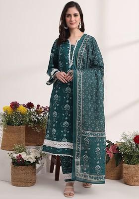 Green Printed Cotton Kurta Set